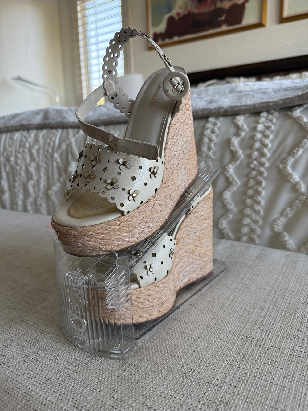 Larroude White Floral Cutout Espadrille Wedges with Tan Jute Platform